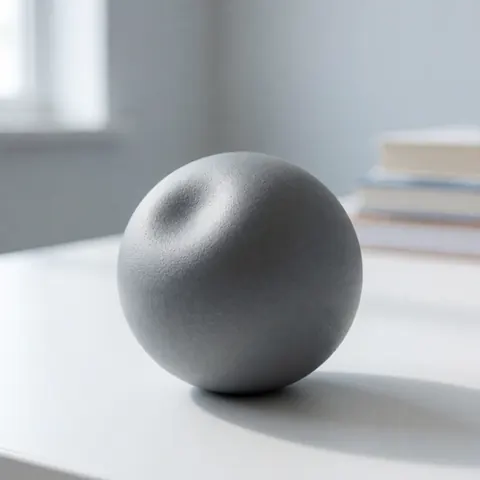 A gray stress ball sits on a white desk next to stacked books, bathed in natural light with a blurred background, symbolizing therapy and relaxation.
