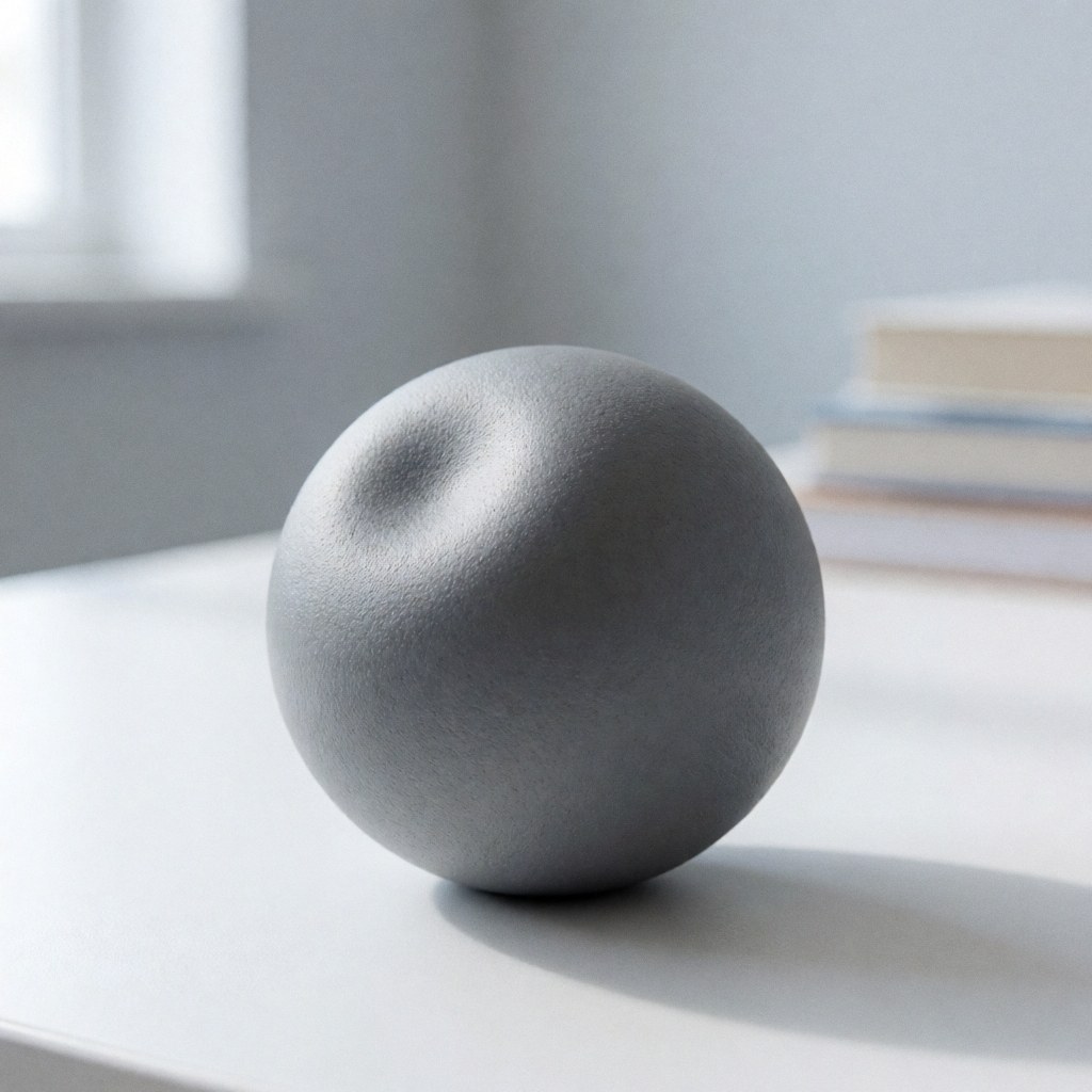 A gray stress ball sits on a white desk next to stacked books, bathed in natural light with a blurred background, symbolizing therapy and relaxation.