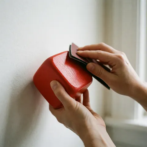 Close-up of hands working on a smooth wooden toy block with red paint and tools for a safe children's product