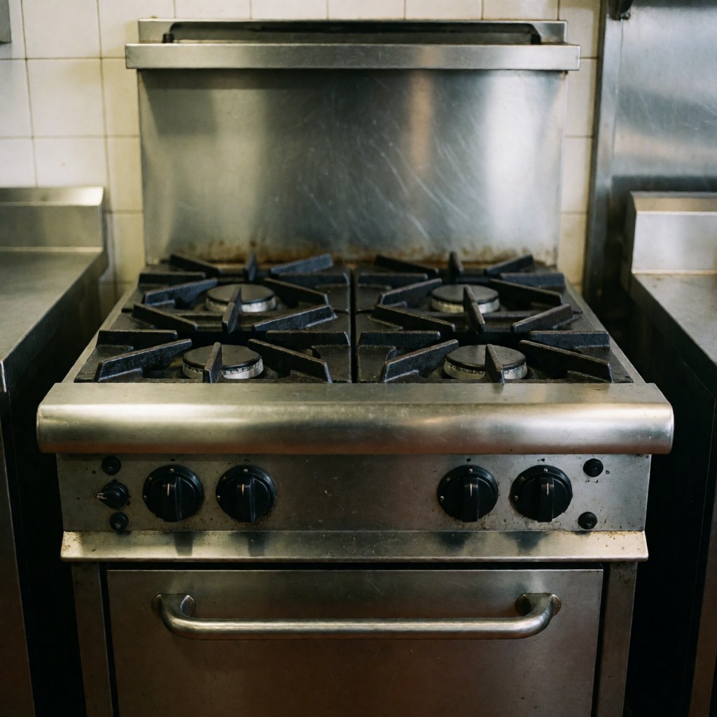 Close-up view of a stainless steel industrial gas stove with multiple burners installed in a professional commercial kitchen setting