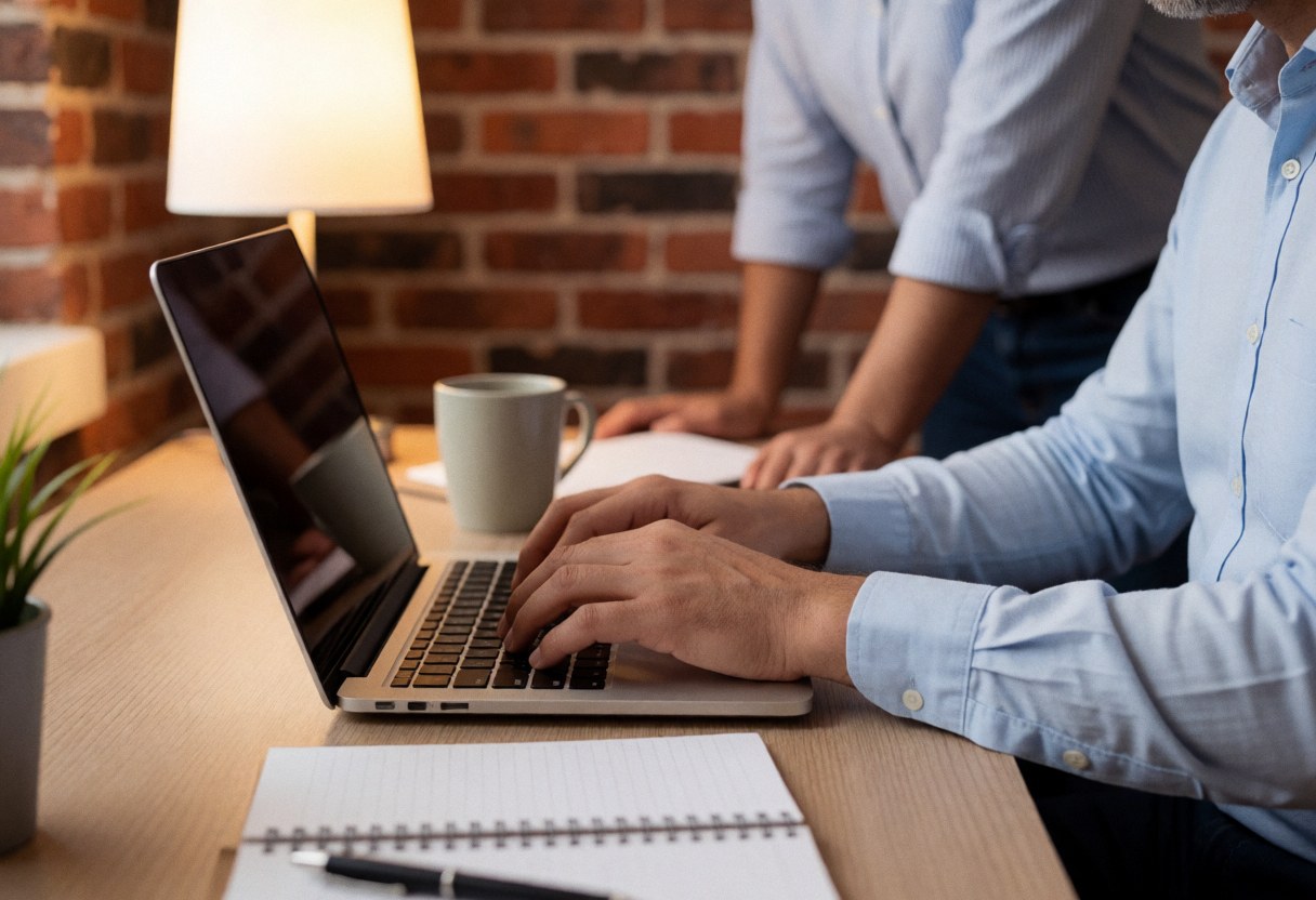 Person working on a laptop at a wooden desk with a brick wall, warm lighting, coffee mug, and notebook.
