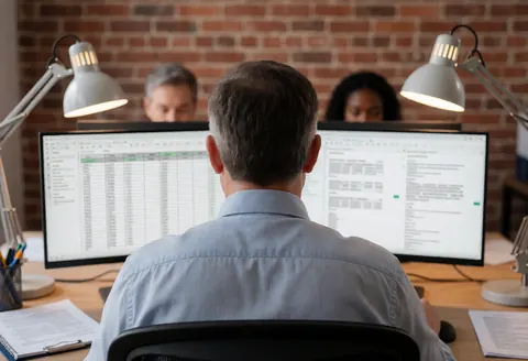 Person seen from behind working on a computer with multiple monitors in a professional office setting with brick wall and desk lamps