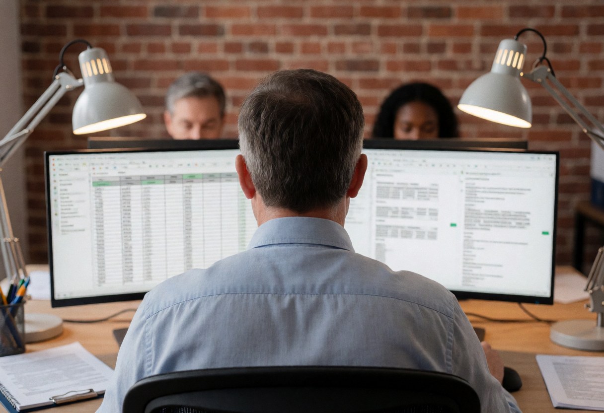 Person seen from behind working on a computer with multiple monitors in a professional office setting with brick wall and desk lamps