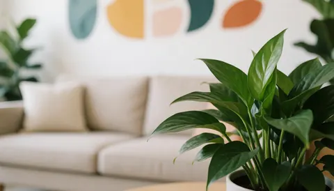 Potted green plant in a modern living room featuring a beige sofa and artistic wall decor, ideal for text backgrounds in professional settings.