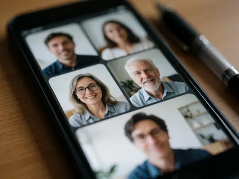 A close-up view of a smartphone displaying an active video conference call, resting on a wooden desk alongside a pen and office supplies.