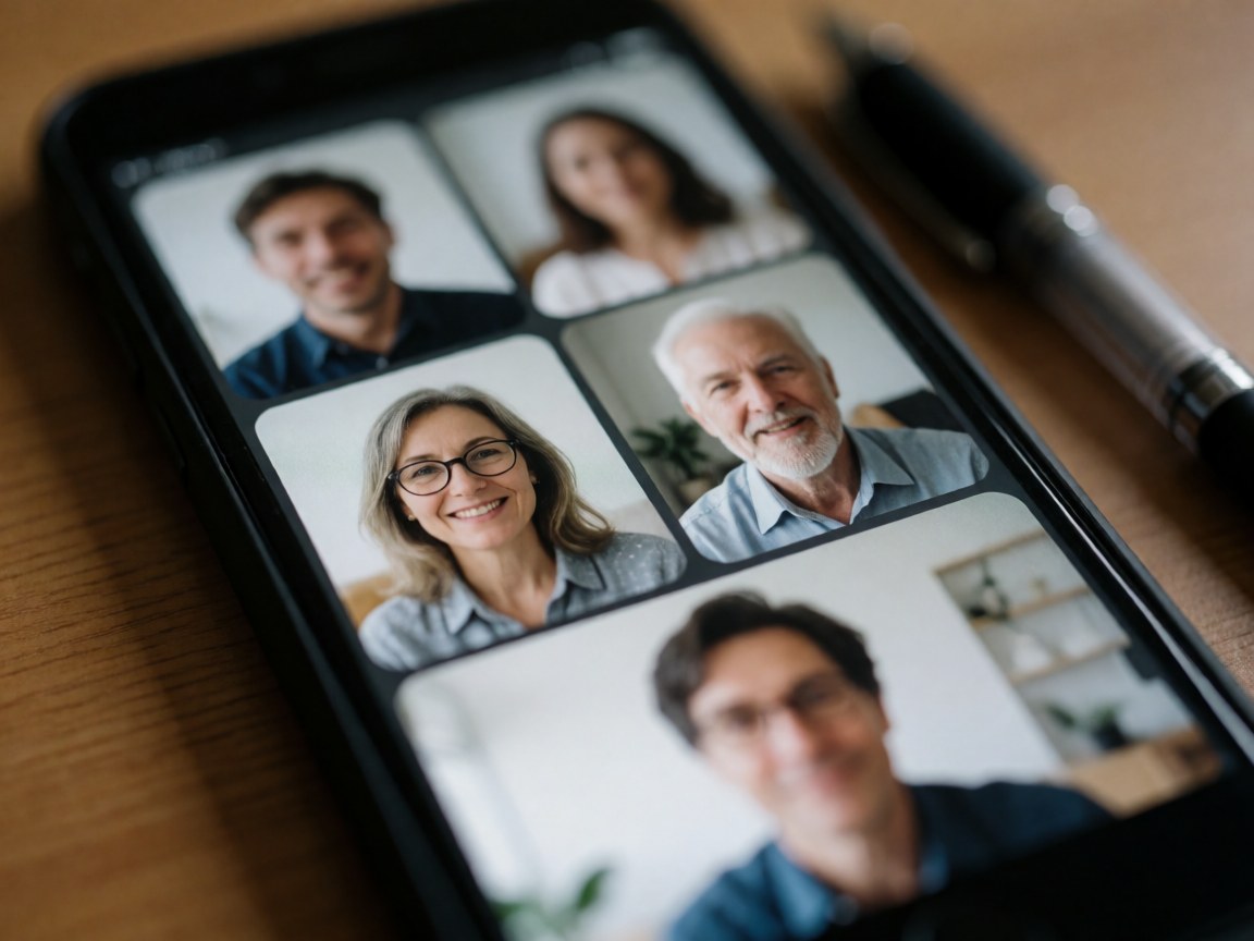 A close-up view of a smartphone displaying an active video conference call, resting on a wooden desk alongside a pen and office supplies.