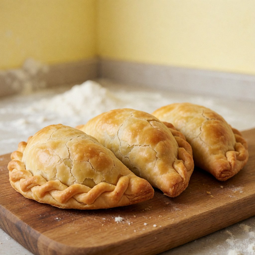 Three golden and crispy pepper empanadas on a wooden board with flour sprinkled on the kitchen counter against yellow walls