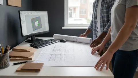 Two people reviewing architectural plans on a white desk with wood samples, a CAD monitor, and natural light from a window.