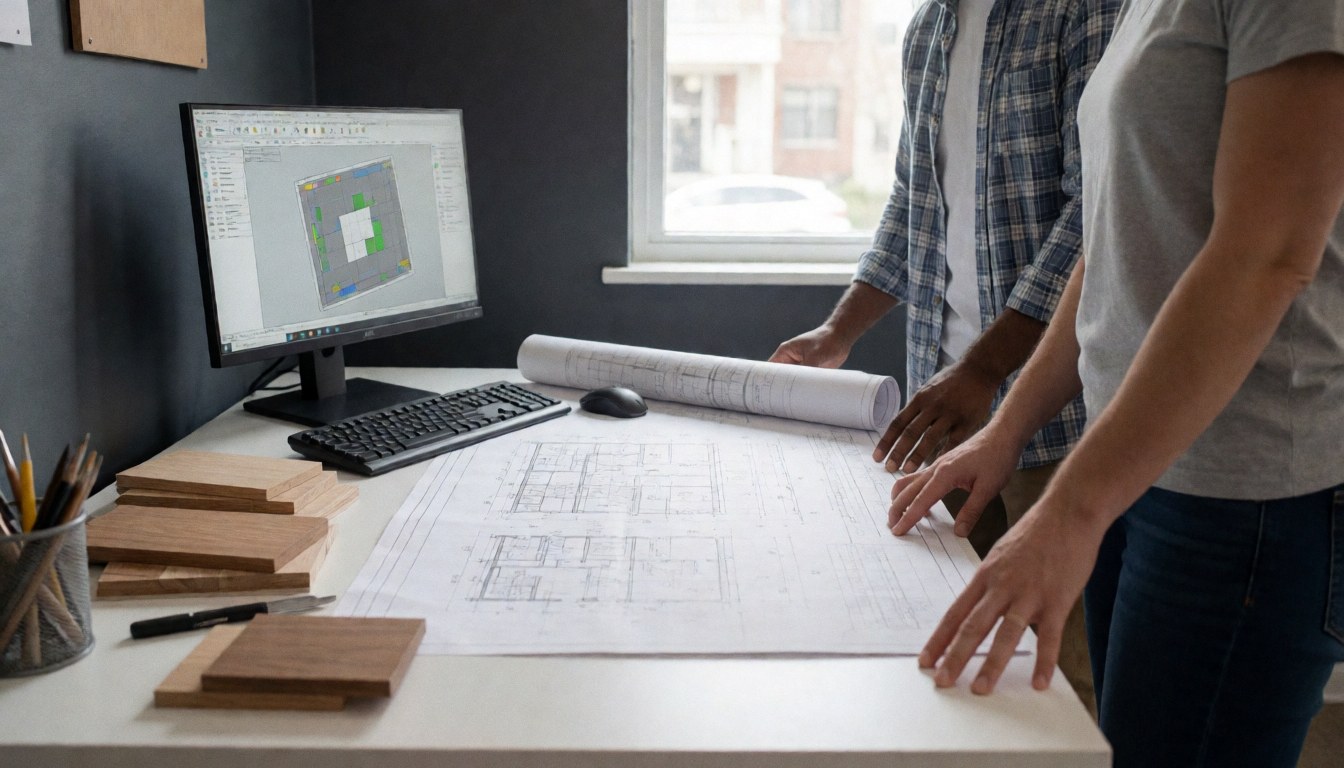 Two people reviewing architectural plans on a white desk with wood samples, a CAD monitor, and natural light from a window.
