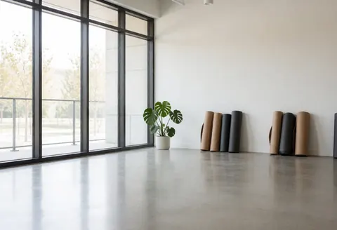 Spacious empty meditation room featuring polished concrete floors, large windows, and green plants, ideal for psychology, therapy, and wellness spaces.