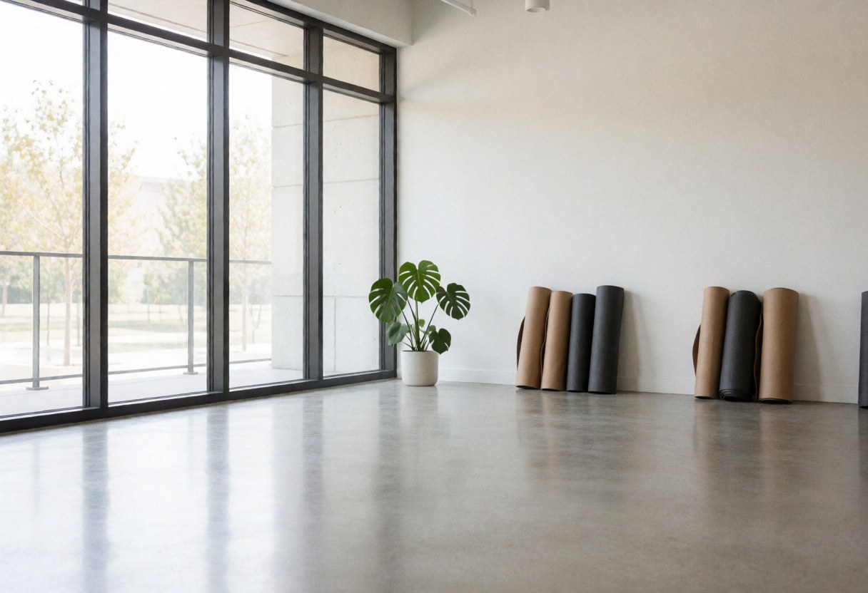 Spacious empty meditation room featuring polished concrete floors, large windows, and green plants, ideal for psychology, therapy, and wellness spaces.
