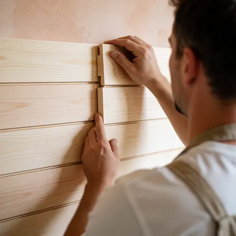 Close-up of hands installing light-colored wooden shiplap panels on an interior wall for a home improvement project