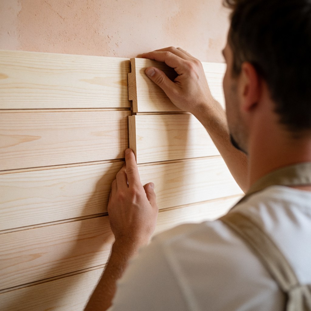 Close-up of hands installing light-colored wooden shiplap panels on an interior wall for a home improvement project