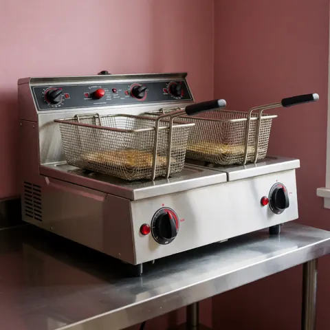 Close-up of a commercial stainless steel deep fryer with wire baskets, positioned against a pink wall in a professional kitchen setting.