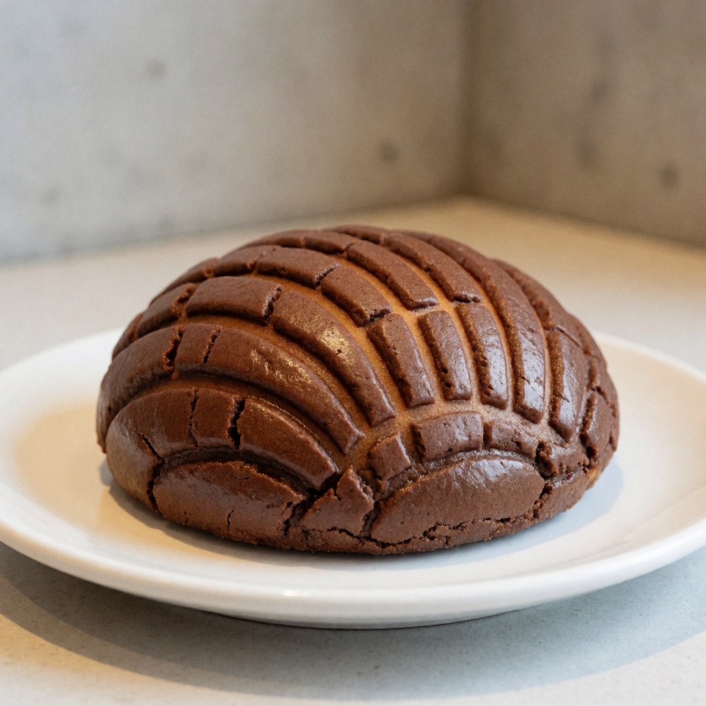 A traditional Mexican chocolate concha pastry resting on a white plate against a concrete wall with warm lighting