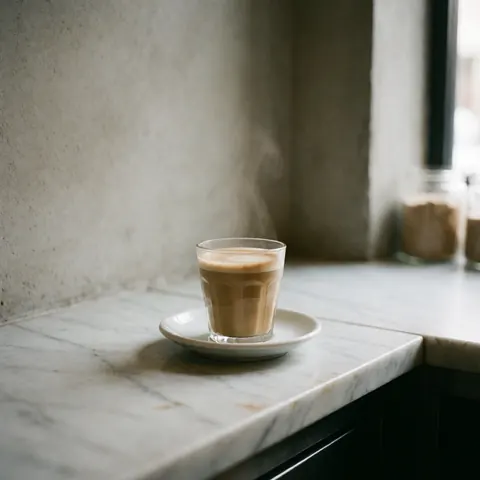 A steaming glass of coffee with milk sits on a saucer atop a marble surface, representing a warm breakfast beverage for entrepreneurs.