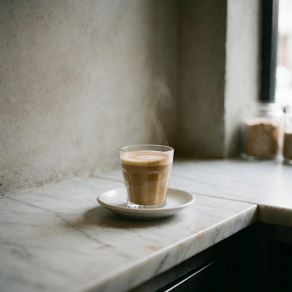 A steaming glass of coffee with milk sits on a saucer atop a marble surface, representing a warm breakfast beverage for entrepreneurs.