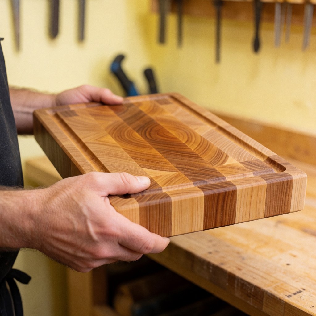 Close-up view of a custom wooden cutting board with visible grain, being handled by hands in a workshop setting for product display