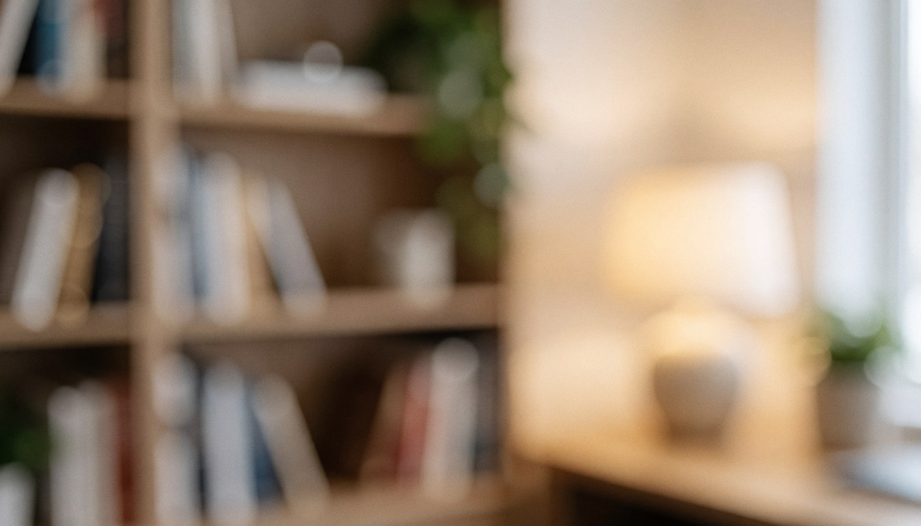 A blurred office background featuring a wooden bookshelf, books, and a lamp with warm lighting, ideal for text overlay in corporate or professional contexts