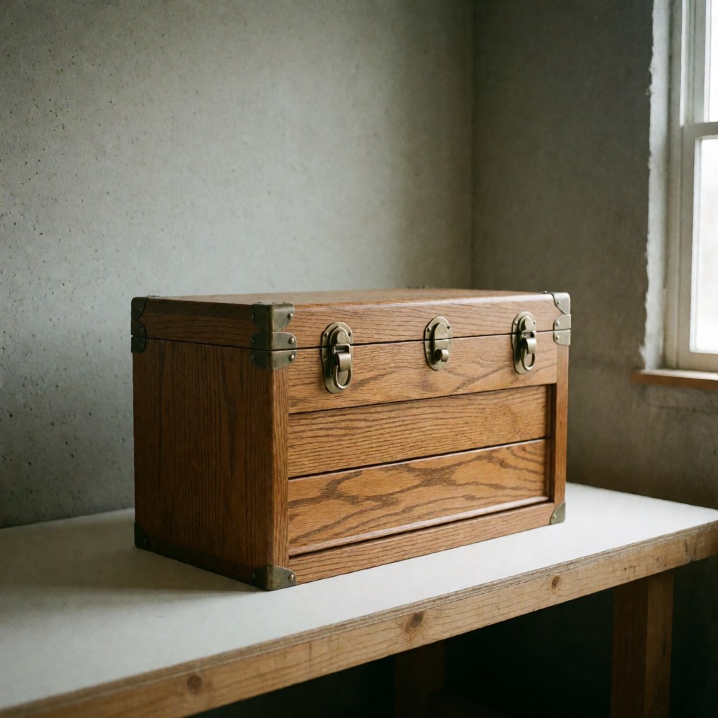 Sturdy wooden box with bronze hardware resting on a workbench against a concrete wall with natural light