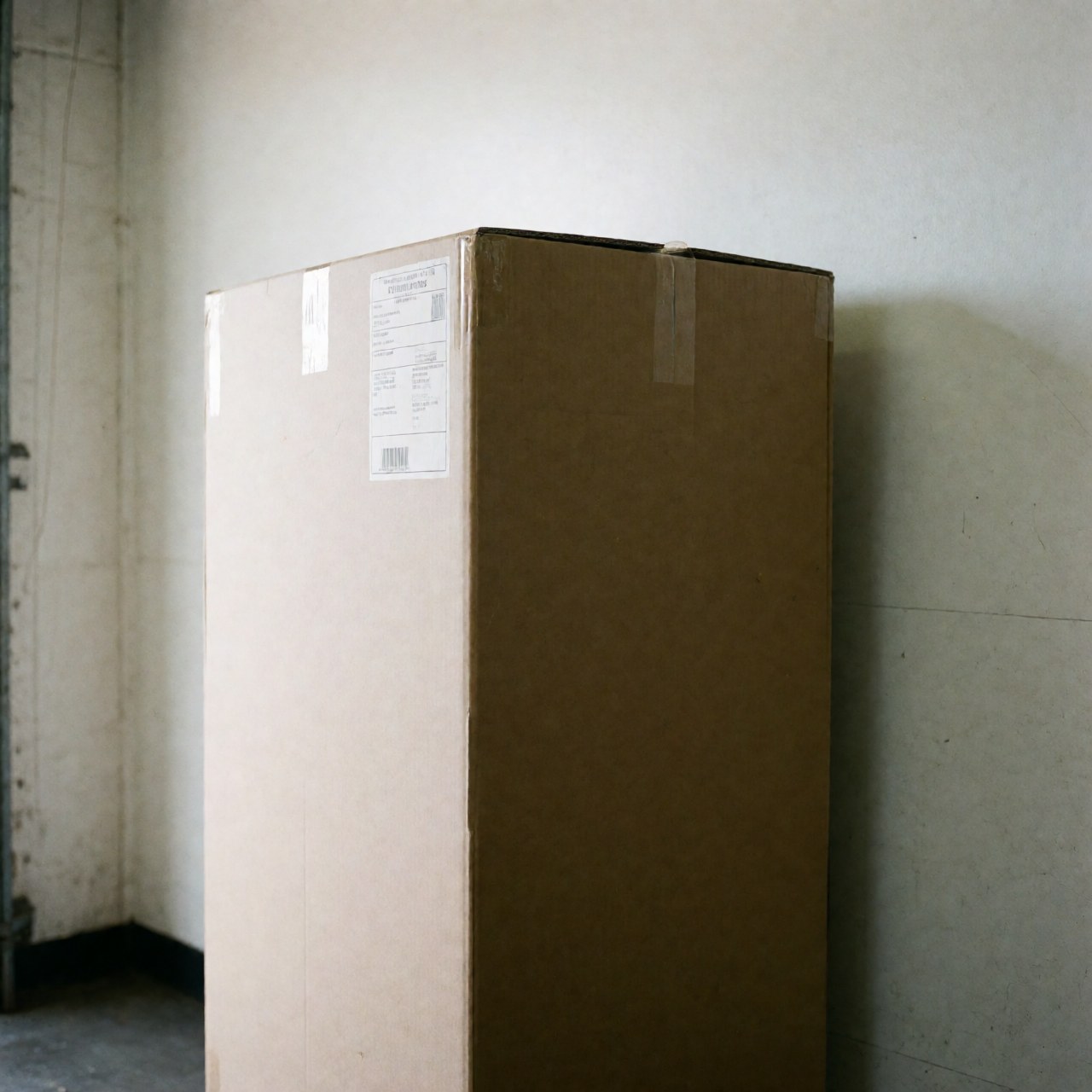 Cardboard box with label and barcode ready for transport in a warehouse with white walls and natural light