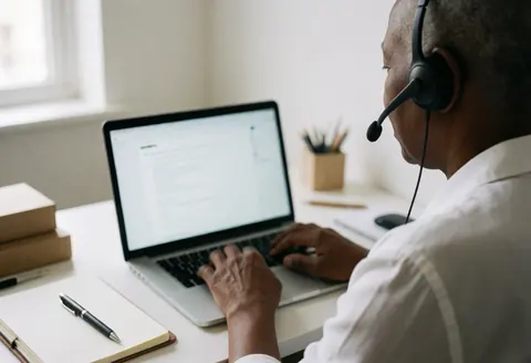 Psychologist wearing a headset works on a laptop in a bright, professional office with a notebook and pen on the desk.