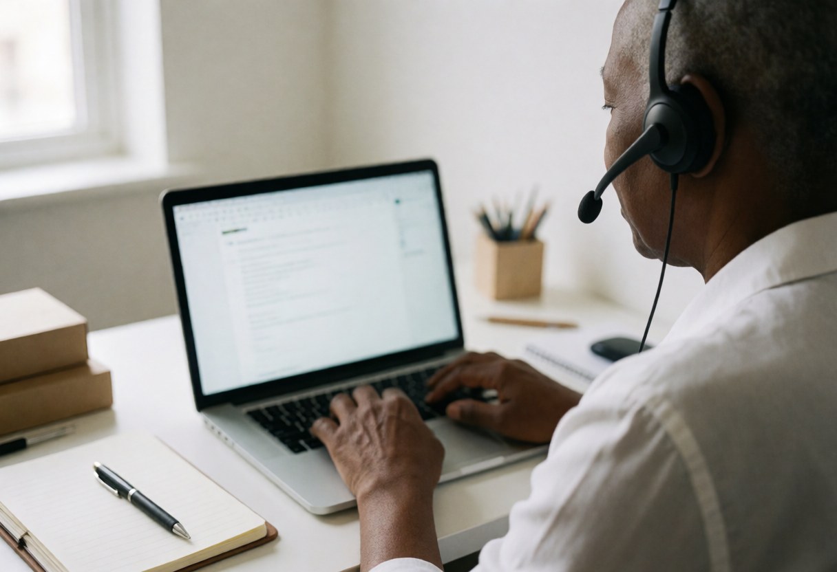 Psychologist wearing a headset works on a laptop in a bright, professional office with a notebook and pen on the desk.