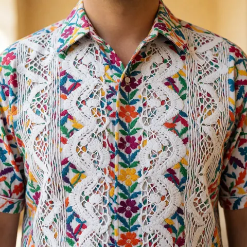 Close-up of a white guayabera shirt featuring colorful embroidery and lace trim, styled for corporate headshots with a warm blurred background.