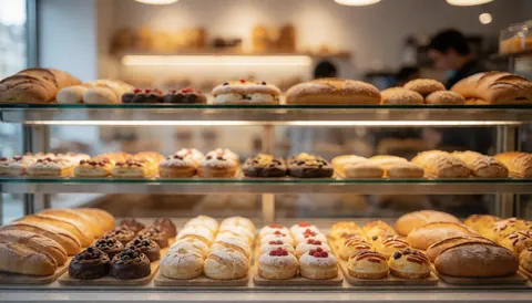Blurred bakery background featuring sweet pastries and bread with warm lighting, ideal for business text overlays and food industry marketing.