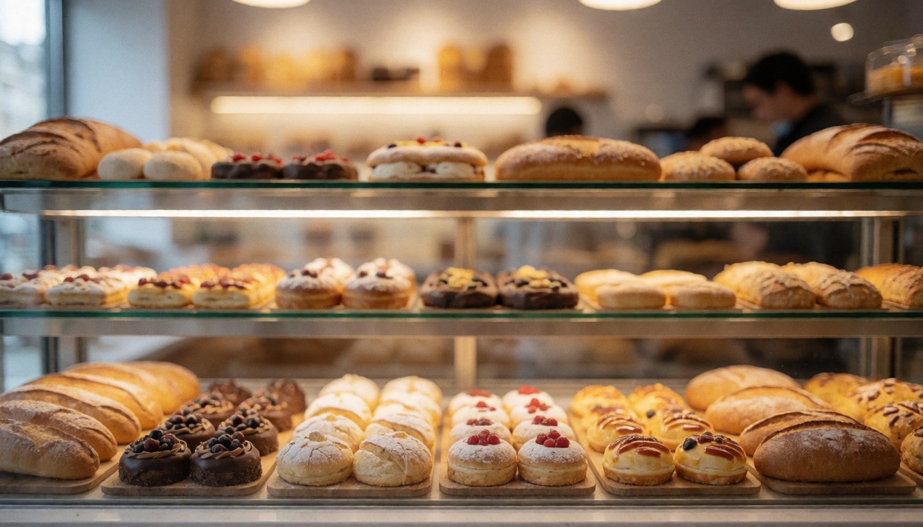 Blurred bakery background featuring sweet pastries and bread with warm lighting, ideal for business text overlays and food industry marketing.