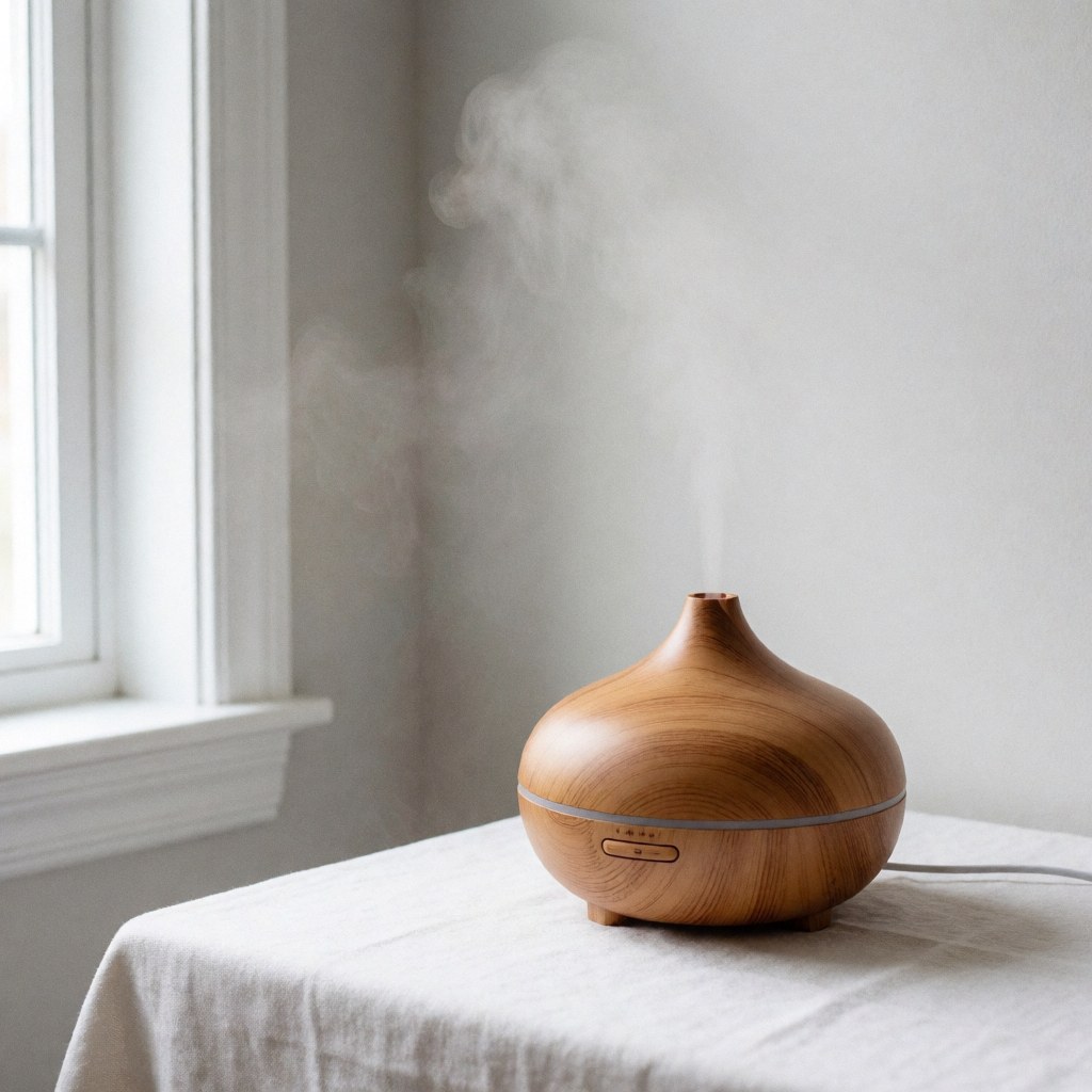 A wooden essential oil diffuser sitting on a table surface, promoting relaxation and wellness for therapy settings