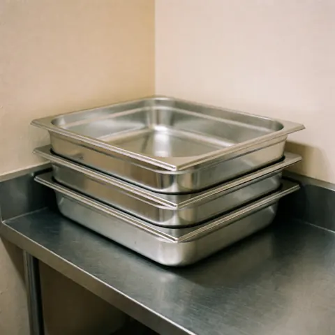 A neat stack of stainless steel gastronorm trays ready for use in a professional commercial kitchen environment