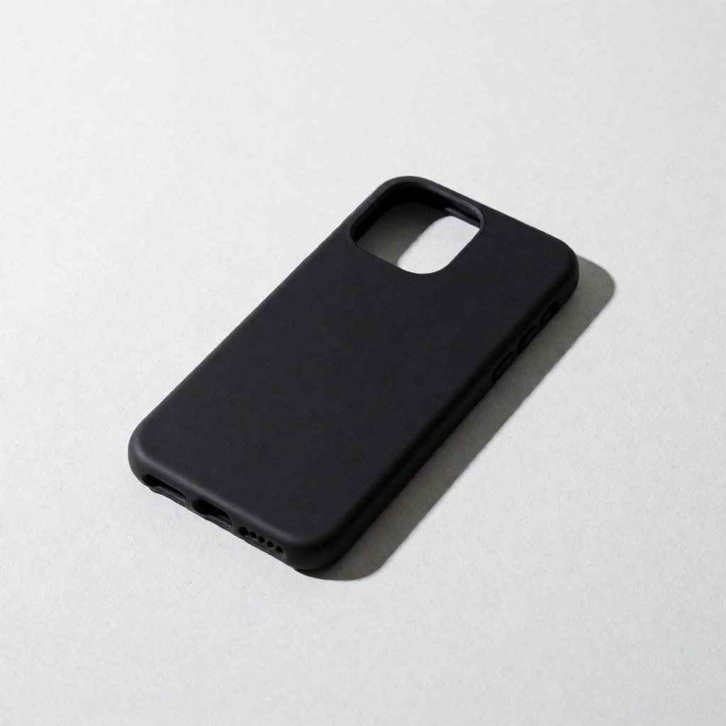 Black matte cell phone case resting on a white concrete surface with cool lighting and a defined shadow to the right, showcasing a minimalist aesthetic.