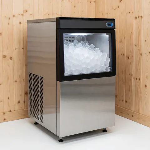 Stainless steel commercial ice machine producing transparent cube ice, set against a white background with light wood paneling, suitable for restaurants and bars.