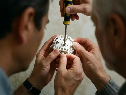Close-up view of two people working together to install a thermostat, focusing on their hands using a screwdriver with a blurred background.