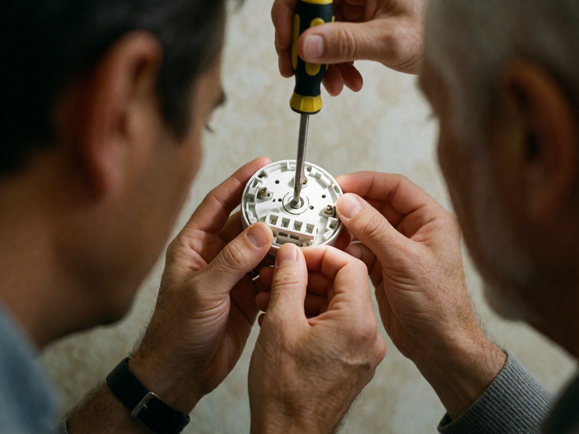 Close-up view of two people working together to install a thermostat, focusing on their hands using a screwdriver with a blurred background.