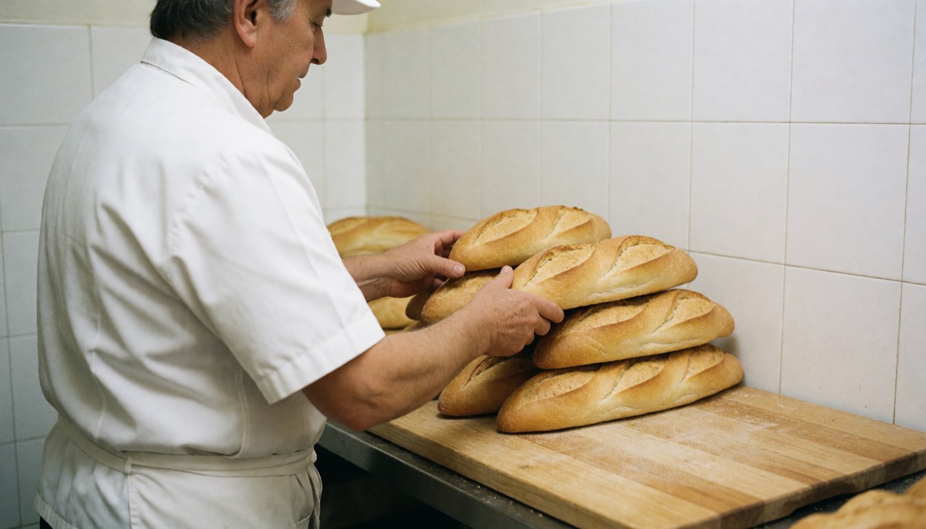 A baker places bolillo rolls on a wooden counter in a bakery with white tiled walls and professional lighting.
