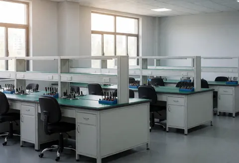 Empty inspection room in a manufacturing facility featuring organized tables, chairs, and tools near large windows with natural light and gray walls