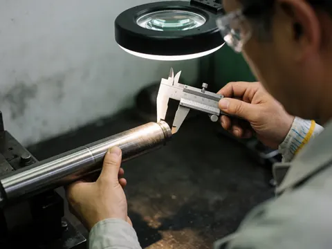 Worker wearing safety glasses measures metal shaft diameter with caliper under magnifying light in industrial workshop