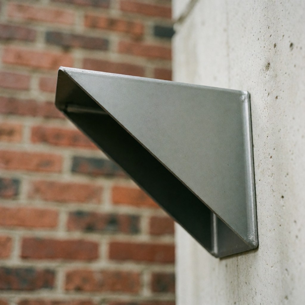 Close-up of a steel metal support bracket securely installed on a textured concrete wall, featuring a blurred brick wall background for industrial construction contexts.