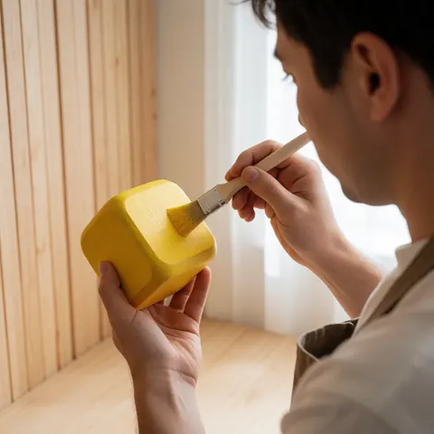 Close-up of hands using a brush to apply yellow paint to a light wooden block toy in a home setting