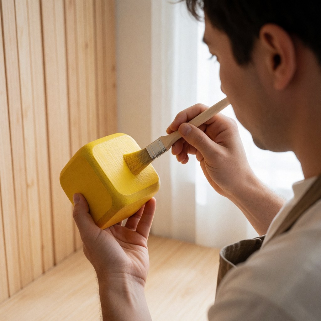 Close-up of hands using a brush to apply yellow paint to a light wooden block toy in a home setting