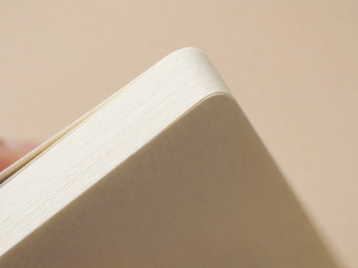 A close-up view showing the textured edge and surface of a thick paper notebook, highlighting the material quality and clean lines suitable for business documentation and office organization.