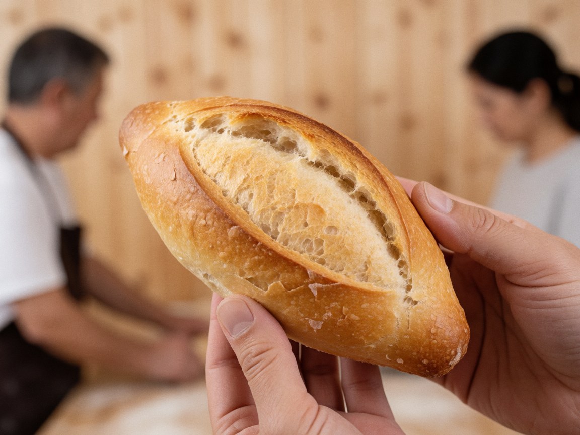 Detailed close-up view of the rough, golden-brown crust of a freshly baked bolillo bread loaf resting on a wooden surface.