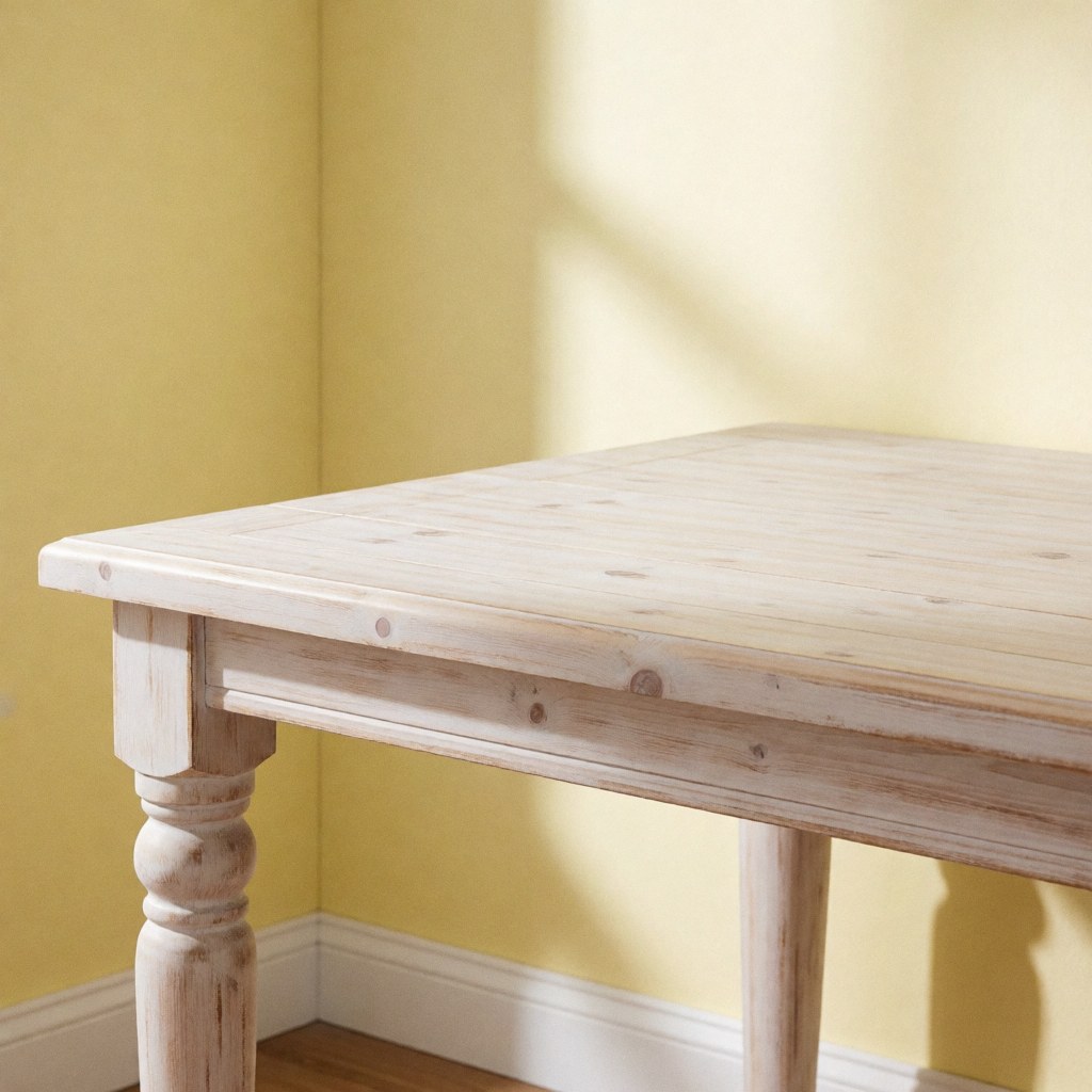A white painted pine farmhouse dining table featuring turned legs and visible wood grain, set against a pale yellow wall in a rustic interior setting.