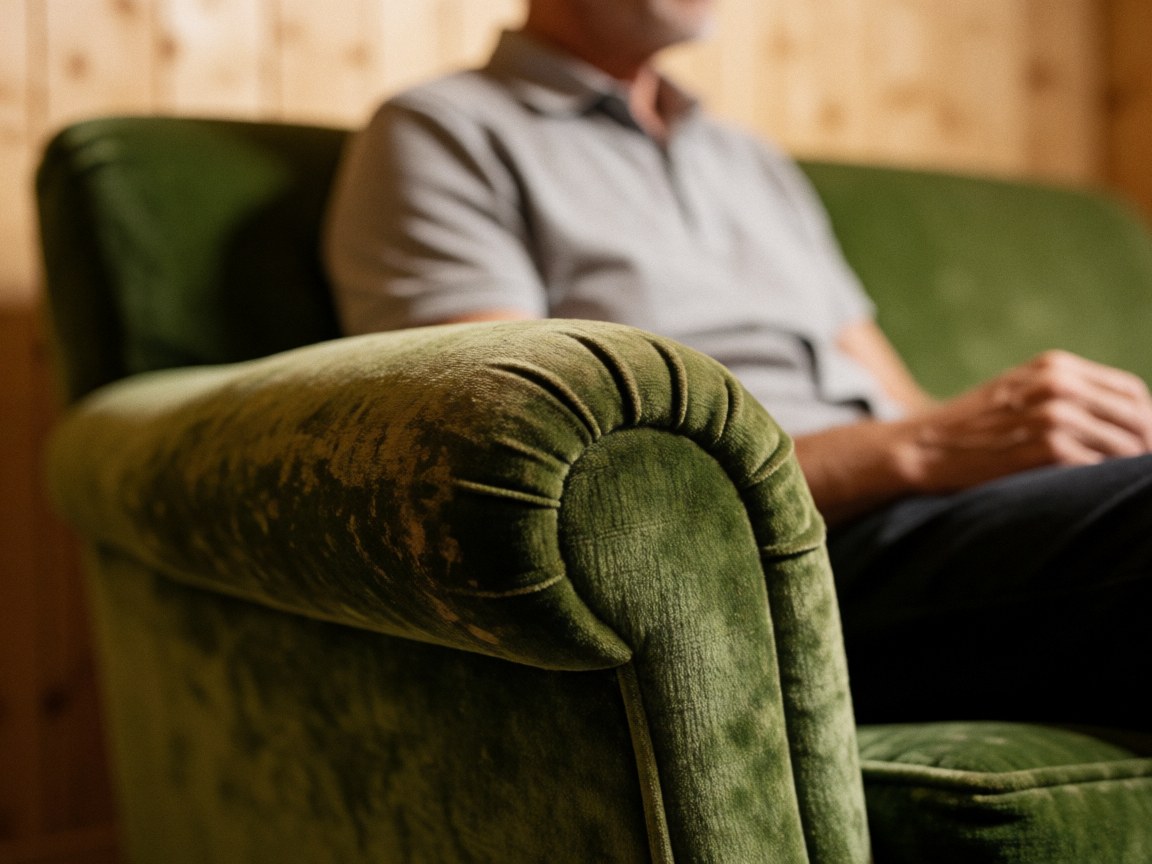 Close-up of a green velvet therapy couch with wooden wall background, warm lighting, and professional clinical details for psychology practice