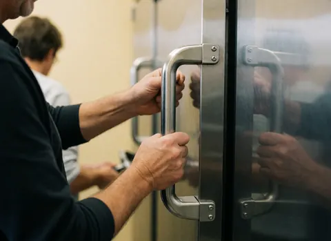 A close-up view of a robust stainless steel handle on a commercial kitchen refrigerator door, highlighting the industrial design and metallic texture.
