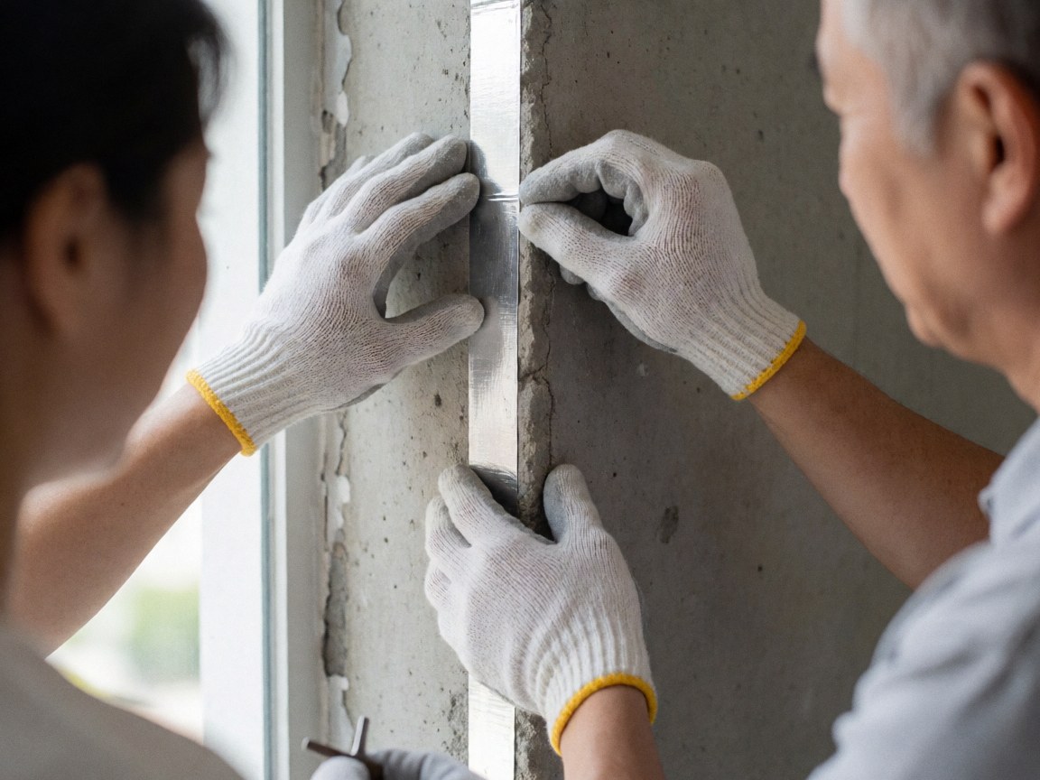Detailed view of gloved hands carefully applying aluminum tape to a concrete joint during professional construction work