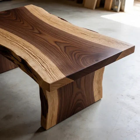 Rustic wooden table with visible grain in a workshop, natural lighting, polished finish, ideal for artisanal furniture.