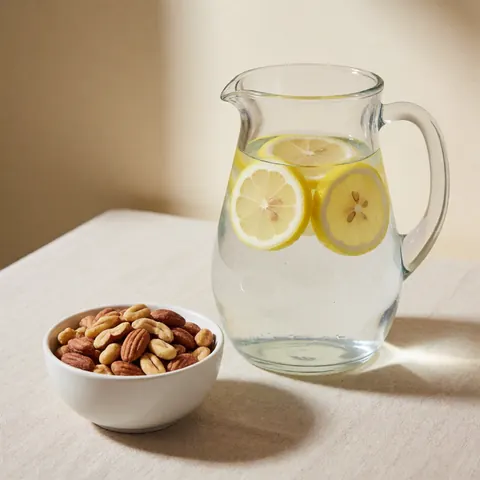 Glass pitcher with lemon slices and a bowl of mixed nuts on a beige tablecloth with natural light, perfect for team meetings and staying hydrated.